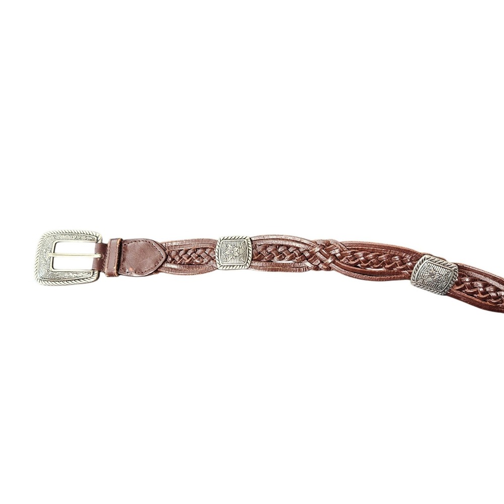 Brown Braided Genuine Leather Western Belt Silver Floral Conchos Buckle Women's - Picture 3 of 5